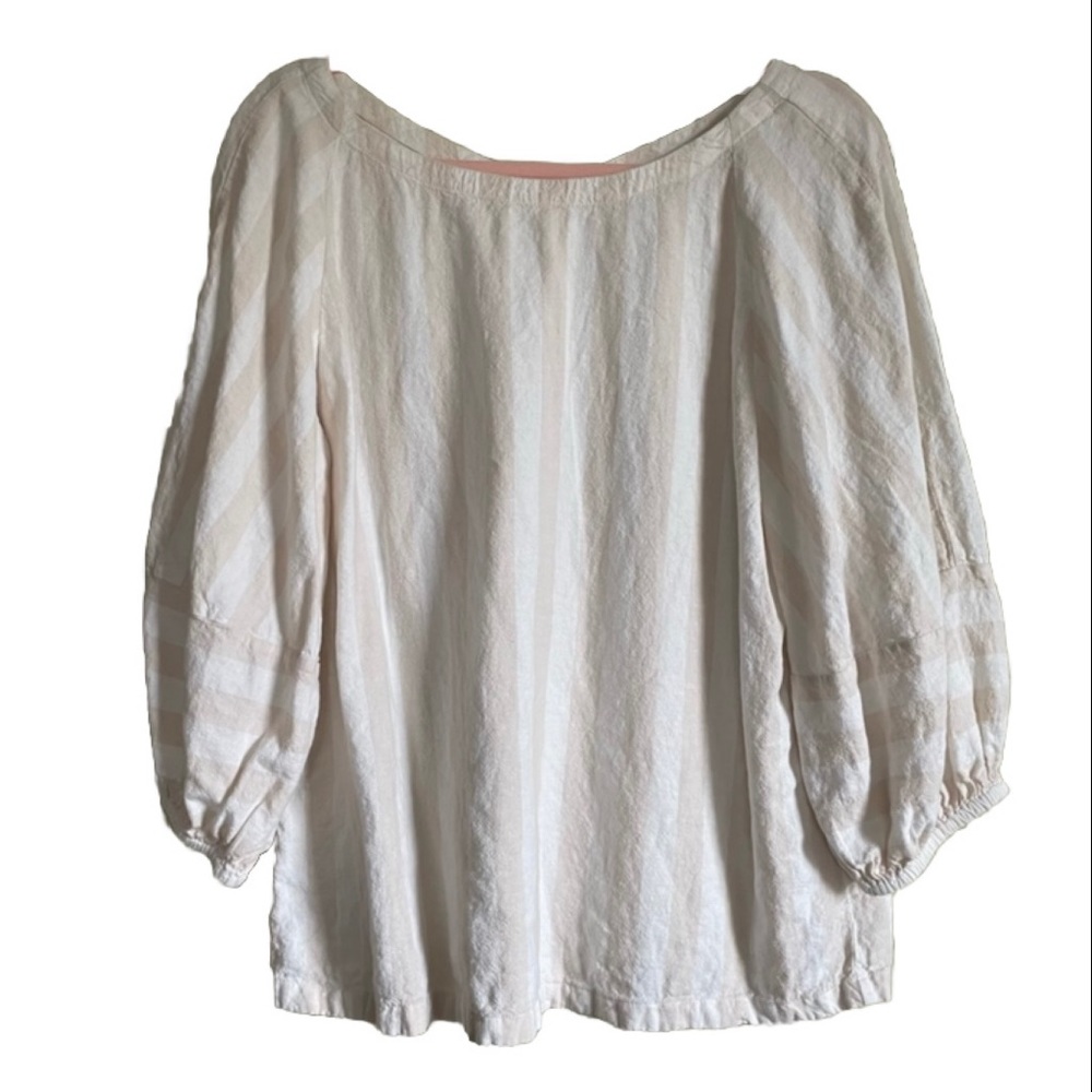 LOFT Size Medium Beautiful Cream & White Linen blouse 7/8th sleeves Lightweight
